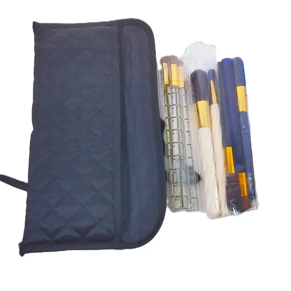 Vintage Estee Lauder Make Up Brush Lot With Pouch 3 Sets Navy White Gold Plaid
